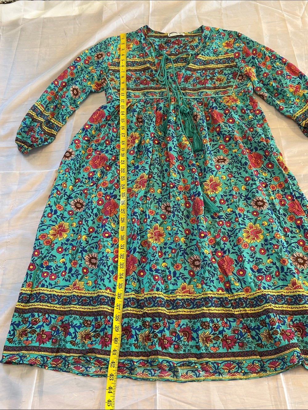 Bohemian Teal Floral Tie-Front Long Sleeve Midi Dress - Picture 7 of 8